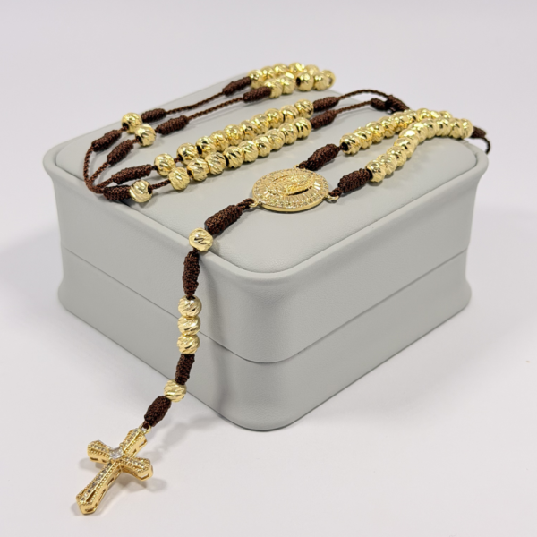 Rosario Cafe Tejido a Mano Balines 6mm | Oro Laminado 18K