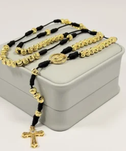 Rosario Negro Tejido a Mano Balines 6mm | Oro Laminado 18K