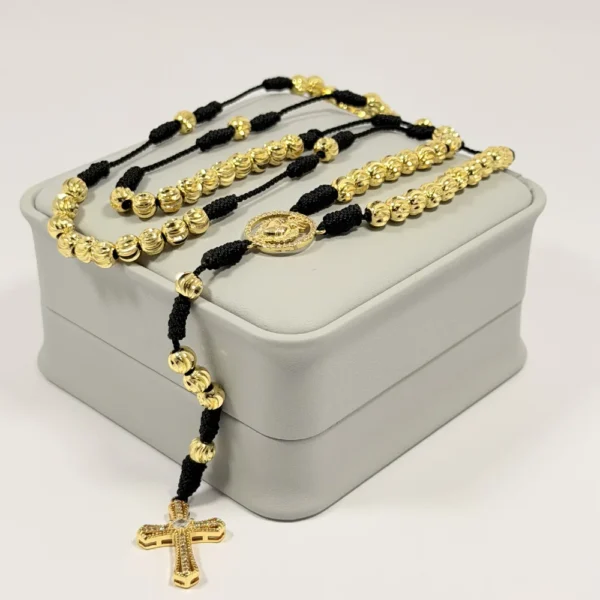 Rosario Negro Tejido a Mano Balines 6mm | Oro Laminado 18K