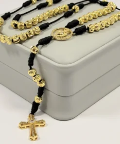 Alternative view of Rosario Negro Tejido a Mano Balines 6mm | Oro Laminado 18K